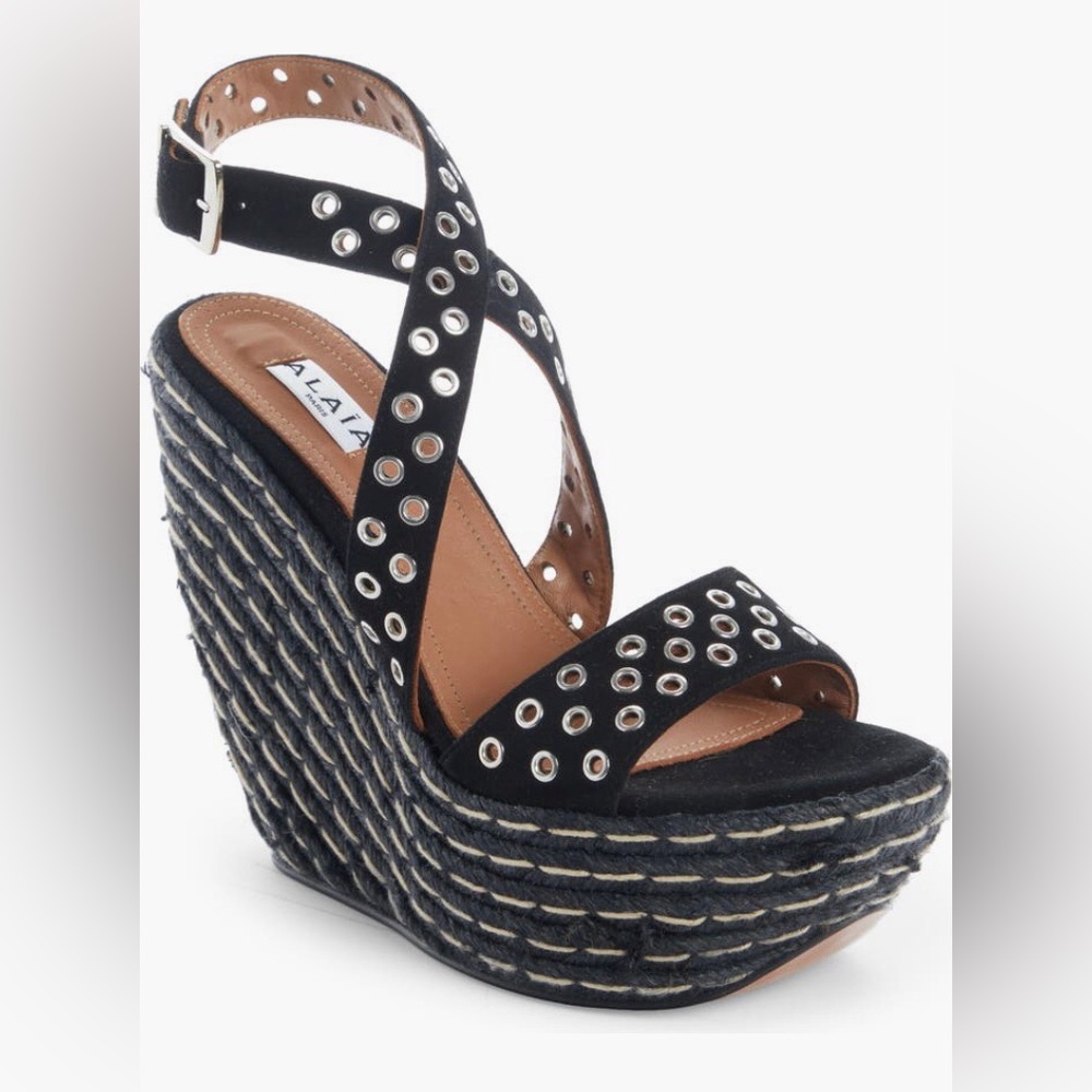 NIB $990 Alaïa Grommet Detail Wedge Espadrille Sandal (Women) 5US / 35EU, NOIR!